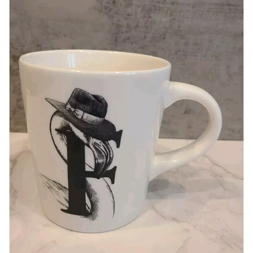 Williams Sonoma 'F' Initial Monogram Rory Dobner Art Mug Fancy Flamingo 19oz EUC